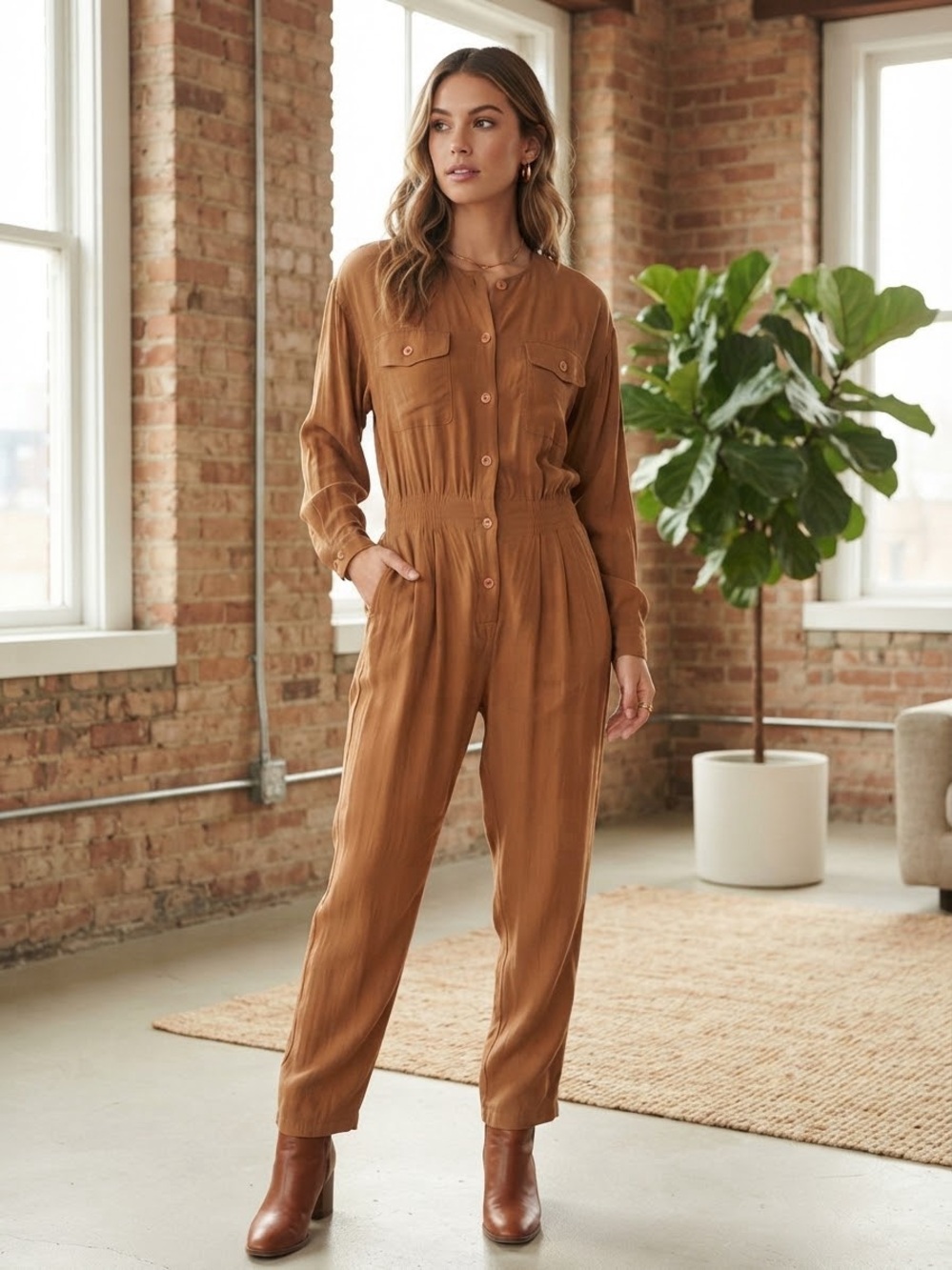 Vtg Liz Claiborne 100% Silk Camel Brown Long Sleeve Button-Up Utility Jumpsuit S